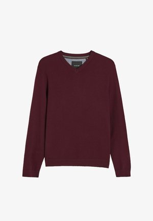 Męski sweter z długim rękawem i dekoltem w serek w jednolitym bordo, z prążkowanymi mankietami i obrębem, prezentowany na białym tle.