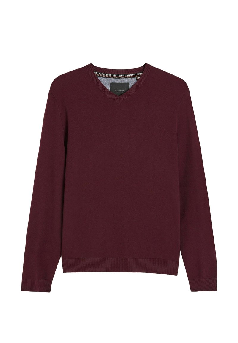 Męski sweter z długim rękawem i dekoltem w serek w jednolitym bordo, z prążkowanymi mankietami i obrębem, prezentowany na białym tle.