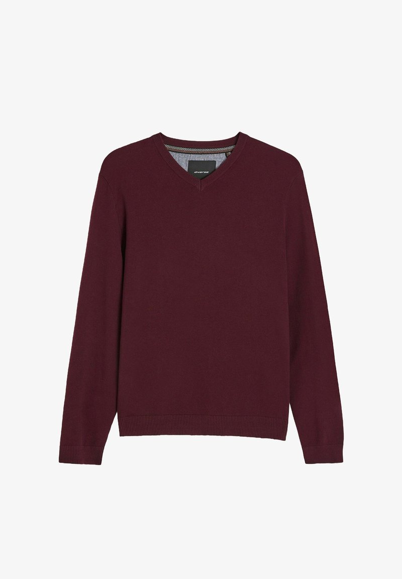 Męski sweter z długim rękawem i dekoltem w serek w jednolitym bordo, z prążkowanymi mankietami i obrębem, prezentowany na białym tle.