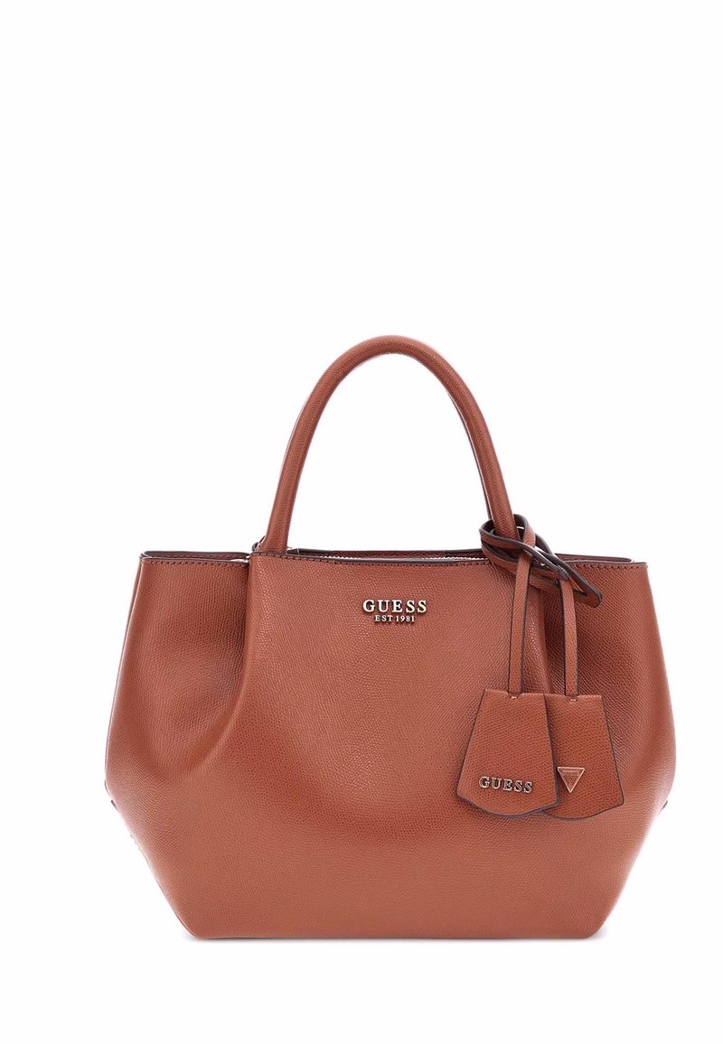 Borsa a tracolla in ecopelle marrone con una forma strutturata, manici doppi e dettagli con logo. Presenta una chiusura con zip e un'etichetta attaccata.