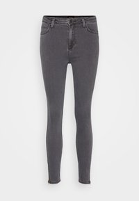 Vaqueros ajustados grises de mezclilla. Presentan una cintura alta, diseño de cinco bolsillos y detalles con cremallera en el tobillo. Textura suave, silueta ajustada.