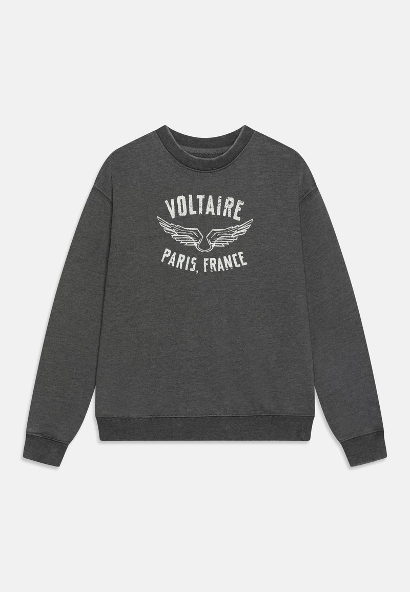 Sweatshirt gris avec un col rond et des manches longues, orné d'un texte imprimé et de graphiques d'ailes en blanc. Ceinture et poignets côtelés.