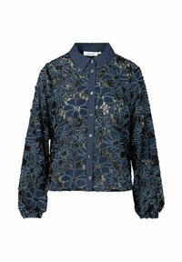 Zila ziedu raksta jaka ar melnu caurspīdīgu pamatni, aizpogājamu priekšpusi, apkakli un elastīgām aprocēm. Audums ir ar tekstūrām un detaļām.