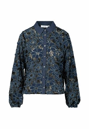 Giacca con motivo floreale blu su base nera trasparente, chiusura frontale con bottoni, colletto e polsini elasticizzati. Il tessuto presenta trame e dettagli.