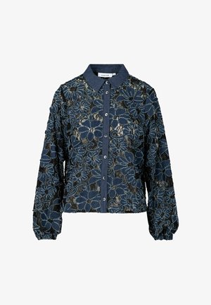 Giacca con motivo floreale blu su base nera trasparente, chiusura frontale con bottoni, colletto e polsini elasticizzati. Il tessuto presenta trame e dettagli.