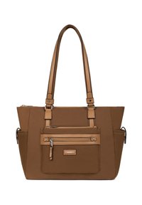 Sac fourre-tout marron en tissu durable avec deux poignées, une poche frontale zippée et des accents beiges contrastants. Dispose de poches latérales.
