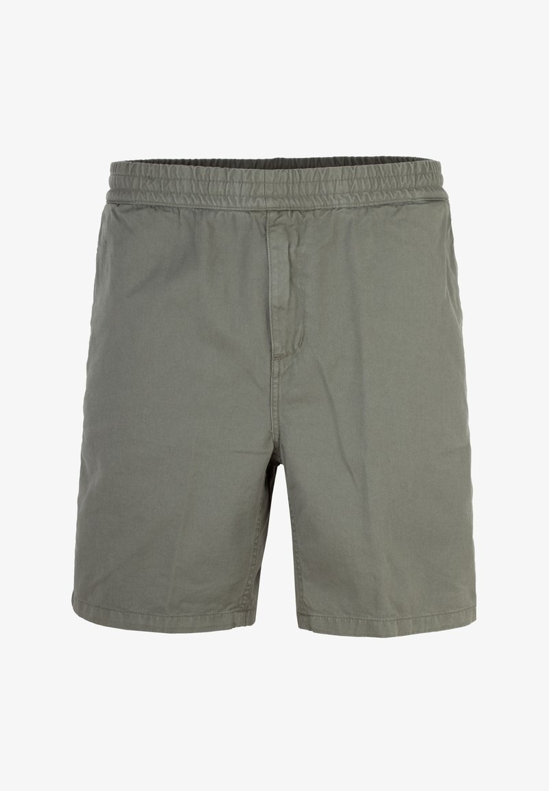 Calções de algodão cinzentos com um cós elástico, frente lisa e sem bolsos visíveis. O tecido tem uma textura suave, adequada para uso casual.