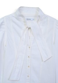 Weiße Bluse aus Baumwolle mit einem gebundenen Kragen, gerafften Ärmeln, Knopfverschluss auf der Vorderseite und dezenten vertikalen Nähdetails. Größe S.