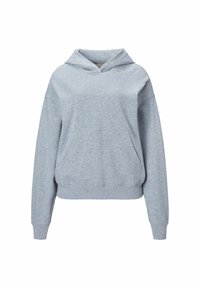 Grauer Hoodie aus weichem Material, mit einer Fronttasche, langen Ärmeln und einer lockeren Passform. Beinhaltet eine Kapuze mit Kordelzug und gerippte Bündchen.
