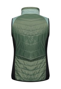 Gilet imbottito verde con colletto alto, caratterizzato da una parte centrale in menta chiara e pannelli laterali neri. Texture liscia e motivo a zigzag sul tessuto.