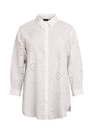 Bijela pamučna košulja s kopčanjem na gumbe sprijeda, s vezenim cvjetnim uzorcima i izrezima, dugim rukavima i lagano zaobljenim rubom.