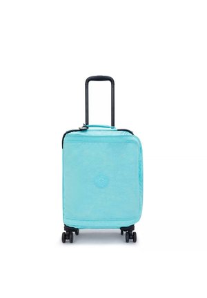 Light blue rolling suitcase with a textured exterior, two wheels, a retractable handle, and a logo embossed on the front.