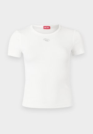 White short-sleeve t-shirt made of ribbed fabric, featuring a round neckline and a silver logo accent on the chest.