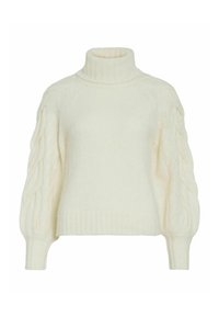Kreemjas turtleneck-sviiter, millel on kootud varrukad, soonikäär ja pehme tekstuur. Stiliseeritud vabalt langetatud lõike ja puhvvarrukatega.