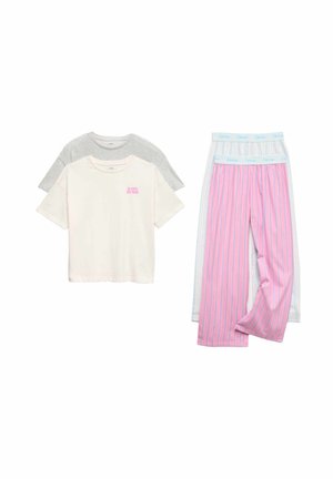Dos camisetas de manga corta en gris claro y crema, y dos pares de pantalones de pijama a rayas, uno rosa y otro blanco con detalles azules.