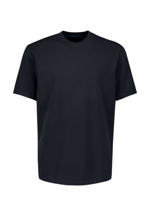 Plain black short-sleeve crew neck t-shirt displayed on a white background, with a relaxed fit and no visible logos or designs.