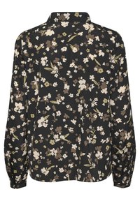 Czarna koszula z długim rękawem w kwiatowy wzór w odcieniach kremowych, brązowych i zielonych. Posiada kołnierz oraz marszczone mankiety.