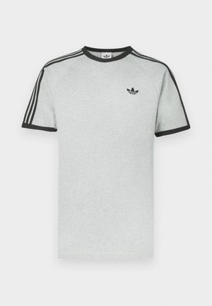 Gray t-shirt with black accents, featuring a crew neck and short sleeves. Three black stripes on shoulders, small logo on the chest.