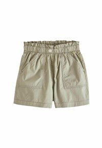 Beiga avslappnade shorts med resårmidja, frontknapp och två stora framfickor.