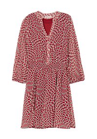 Robe rouge et blanche avec un motif à carreaux, décolleté en V, longues manches bouffantes et taille froncée, en tissu léger.