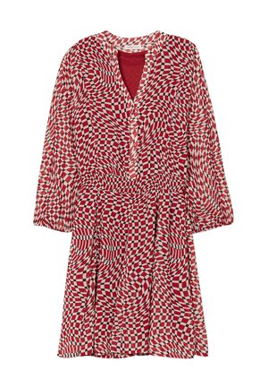 Rood en witte jurk met een geruit patroon, V-hals, lange puffmouwen en een verzamelde taille, gemaakt van lichtgewicht stof.