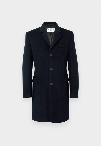 Navy wool coat with a tailored fit, single-breasted design, notched lapels, and three buttons. Features two side pockets and a chest pocket.