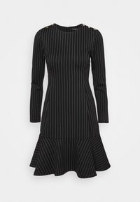 Černé pruhované šaty s dlouhými rukávy, přiléhavým korzetem, rozšířeným spodním lemem a zlatými knoflíky na rameni. Hladká textilie.