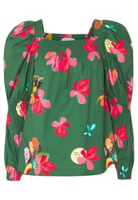 Blouse verte à motifs floraux avec manches bouffantes, ornée de fleurs roses, de visages et de papillons dans un motif aquarelle. Fabriquée en tissu léger.