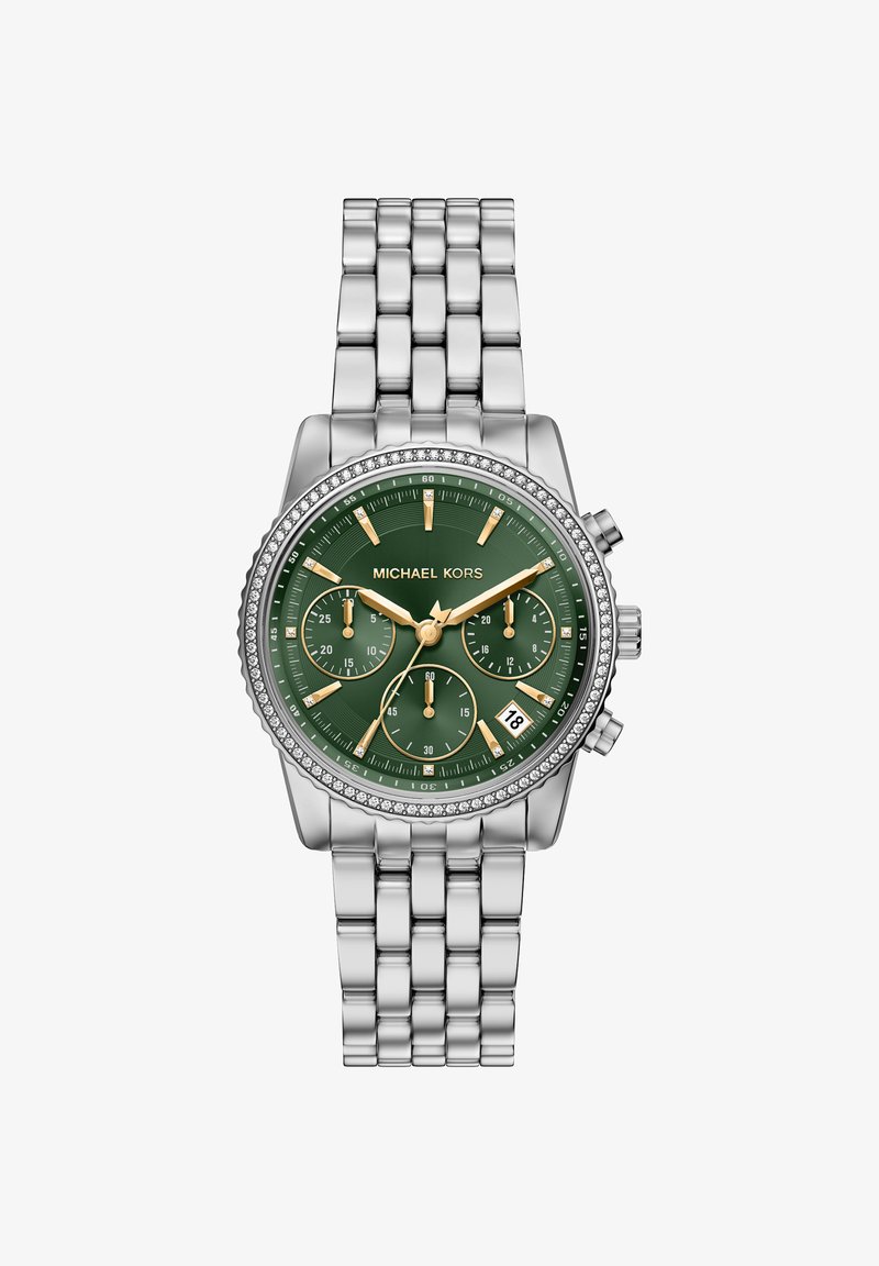 Hodinky Michael Kors se zeleným ciferníkem, zlatými akcenty, stříbrným náramkem z nerezové oceli, chronografem a lunetou ozdobenou drobnými kamínky.