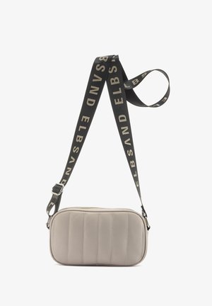Beige rectangular crossbody bag with quilted texture, featuring a black adjustable strap printed with "ELBSAND" in beige. Zipper closure on top.
