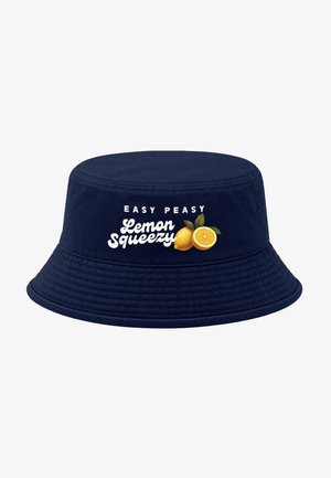 Navy blue bucket hat with "Easy Peasy Lemon Squeezy" text and image of two lemons, one whole and one sliced.
