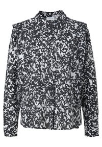 Zwart-witte abstracte gedessineerde blouse met lange mouwen, knoopsluiting aan de voorkant en puntkraag.