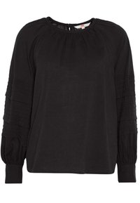 Svart blus med långa ärmar i mjukt material, med plisseringar på ärmarna och rund halsringning med knappstängning bak.