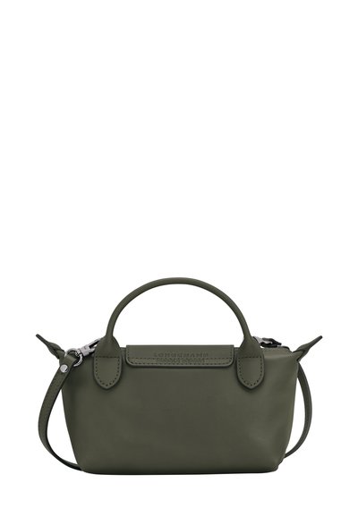 Small olive green leather handbag with a rounded shape, dual top handles, detachable shoulder strap, and zipped closure. Features logo detail.