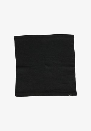 Zwarte nekwarmer gemaakt van zacht, rekbaar stof. Heeft een eenvoudig, naadloos ontwerp met een klein logootje aan één kant.