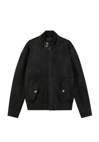Chaqueta bomber de ante negro con cuello alto, cremallera frontal, dos bolsillos con tapa y botones, y mangas largas sobre un fondo blanco.