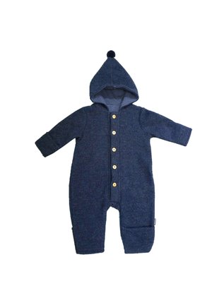 Navy blue baby jumpsuit with long sleeves, front wooden buttons, hood with pom-pom, and closed feet, made of soft fabric.