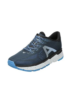 Running shoe in dark blue and gray mesh with blue accents, textured upper, padded collar, reflective elements, and a white speckled sole.