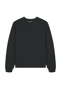 Felpa nera a girocollo con polsini e orlo a costine, realizzata in tessuto morbido, caratterizzata da una vestibilità comoda e priva di pattern o design visibili.