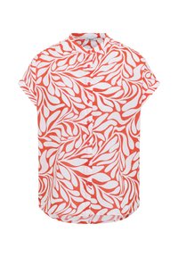Short-sleeve shirt in white with a bold red leaf pattern, featuring a mandarin collar and button front closure, made of lightweight fabric.