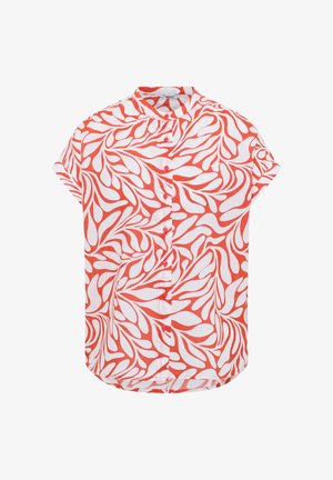 Short-sleeve shirt in white with a bold red leaf pattern, featuring a mandarin collar and button front closure, made of lightweight fabric.