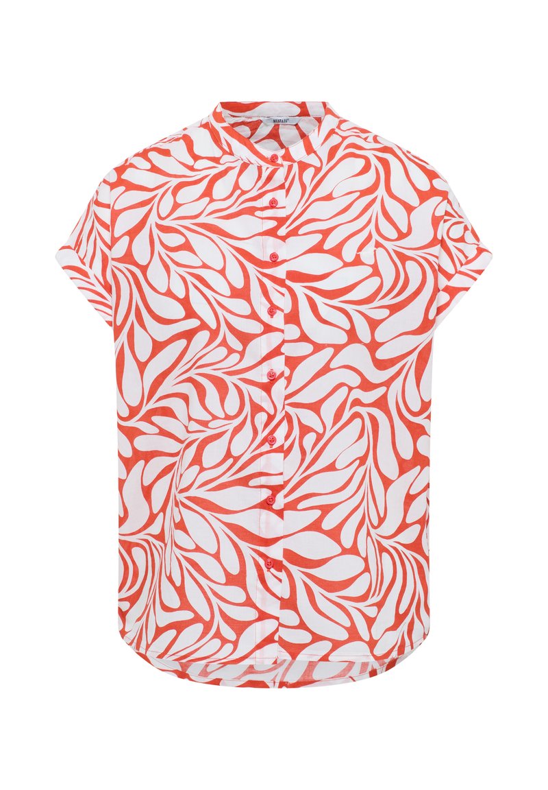 Short-sleeve shirt in white with a bold red leaf pattern, featuring a mandarin collar and button front closure, made of lightweight fabric.