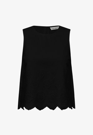 Crni bezrukavni gornji dio s okruglim izrezom, s cvjetnim izrezbarenim uzorcima i valovitim rubom. Izrađen od glatkog materijala.