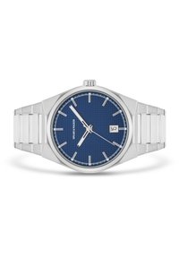 Reloj de acero inoxidable plateado con un dial azul texturizado, marcadores y agujas plateadas, y una pantalla de fecha. Cuenta con una pulsera de metal con eslabones.