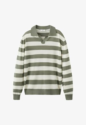 Tričko ve stylu ragby s dlouhými rukávy, širokými horizontálními olivově zelenými a bílými pruhy, s výstřihem do V a žebrovanými lemy na rukávech a spodním okraji.