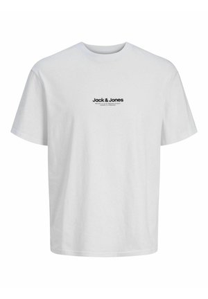 Witte katoenen t-shirt met korte mouwen, voorzien van een zwart logo "Jack & Jones" op de voorkant. Regular fit met een ronde halslijn.