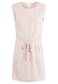 Bloemenjurk in lichtroze stof met korte mouwen, ronde halslijn, een strik in de taille en een sleutelgatdetail op de rug. Bevat kleine verspreide bloemenpatronen.