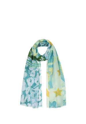 Lightweight scarf with abstract patterns in teal, yellow stars, and green accents, loosely folded with visible soft texture.