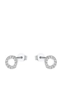 Orecchini a perno in argento caratterizzati da design circolari decorati con scintillanti cristalli chiari lungo il bordo esterno. Inclusa una base trasparente.