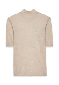 Top beige de manga corta con cuello alto. Textura de punto, corte relajado. Tejido suave con dobladillo limpio y sin acentos o patrones adicionales.